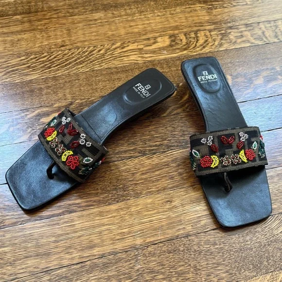 RARE Vintage Fendi Beaded Kitten Heel Sandals - Picture 1 of 4